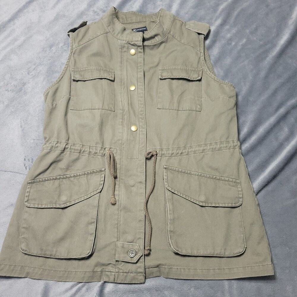 New Direction Vest Womens Small Green Zip Buttons Pocket Distressed Jacket‎ Y2K
